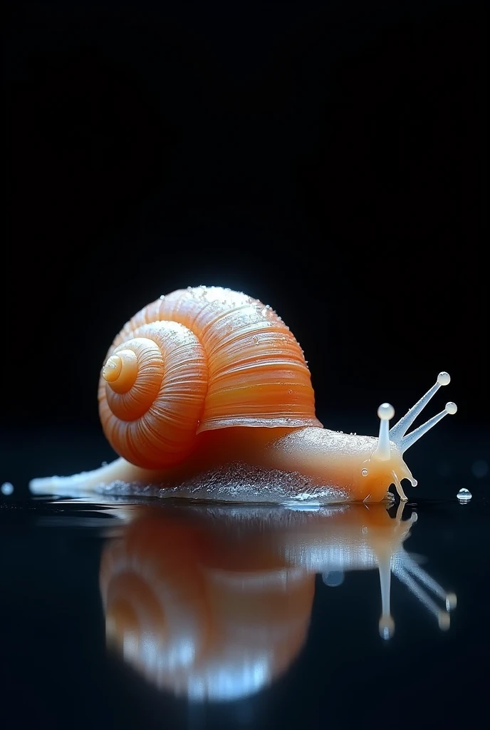 detailed, translucent, wet snail in front of a black background,
very colorful, very detailed, with reflection in a pool of water underneath,
8k, hyperrealistic