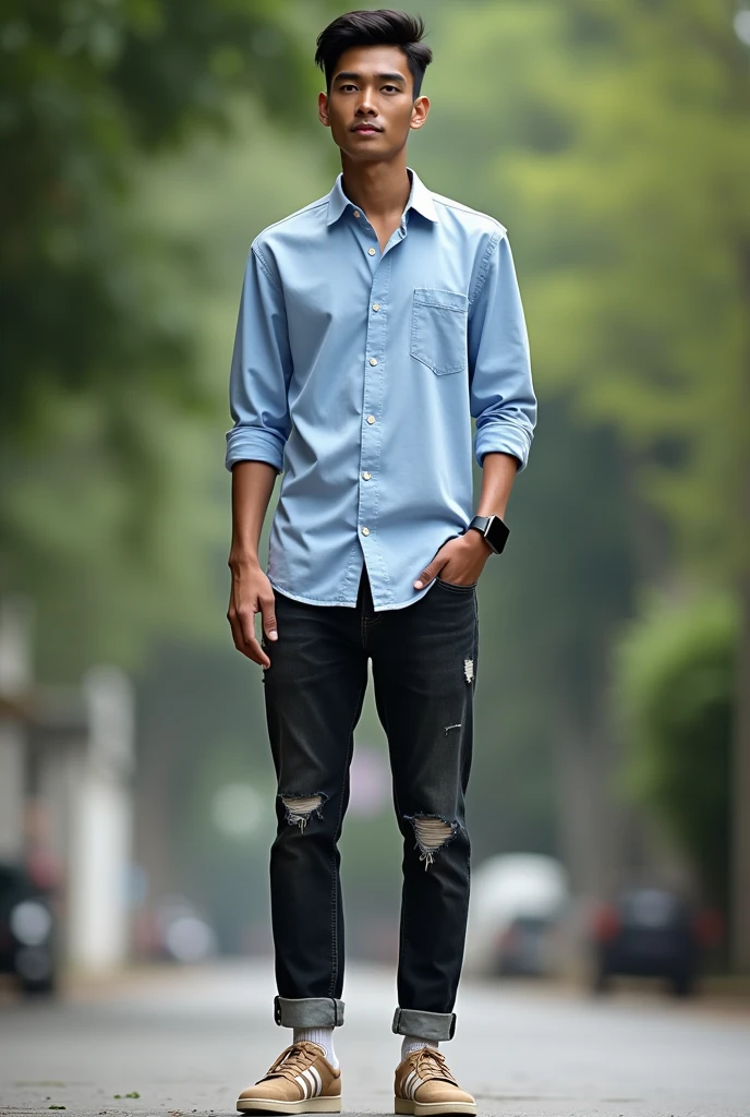 Please make me a realistic photo Indonesia man ((full skinny tall)) standing outside facing the viewer. This guy was wearing a light blue long-sleeved shirt with buttons, dark torn jeans with rolled up ends, and light brown Adidas samba shoes. An iPhone smartwatch is seen on the person's left wrist.