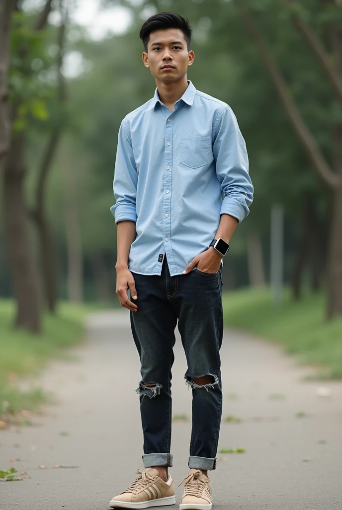 Please make me a realistic photo Indonesia man ((full skinny tall)) standing outside facing the viewer. This guy was wearing a light blue long-sleeved shirt with buttons, dark torn jeans with rolled up ends, and light brown Adidas samba shoes. An iPhone smartwatch is seen on the person's left wrist.
