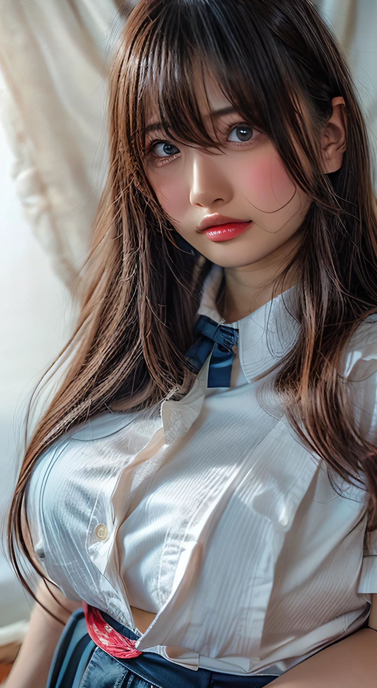 (Highest quality、Tabletop、RAW quality、Best image quality、Award-winning works)、Cute school girl、けたWhite polyester collared shirt、Short sleeve:1.4)、(Navy Pleated Skirt:1.1)、Girl portrait photography、Glowing Skin、Brown Hair、Are standing、Sculpture Pose、(The simplest pure white background:1.1)、(Large Breasts:1.8)、Accentuate your body lines:1.1)、Very large red ribbon tie、Very short hair、smile、((The most beautiful obscene high school girl in Japan))、((sexly))((卑猥でsexlyすぎるCute school girl))、((Big breasts that are bigger than her face and tend to sag a little))、((Very soft breasts when massaged))、((updo))((Glamour and perfect body))、((童顔でかわいい顔立ちにピュアでsexlyな表情))、((Sweaty body))((涙とsexlyな目))、((High school girls are full of sexual appeal))、((Sweat makes the skin oily and shiny.))、((Realistic cute school girl&#39;s breasts))、((Sweaty, shiny skin))、((世界一の超弩級のsexly身体))((卑猥でsexly雰囲気の写真))、((Sweat is running down her cleavage))、((Protruding chest))、((Plumplung))((Huge breasts that make you want to suck them))、((Huge breasts that make you want to squeeze them))、((Staring at the camera with a shy and confused look))