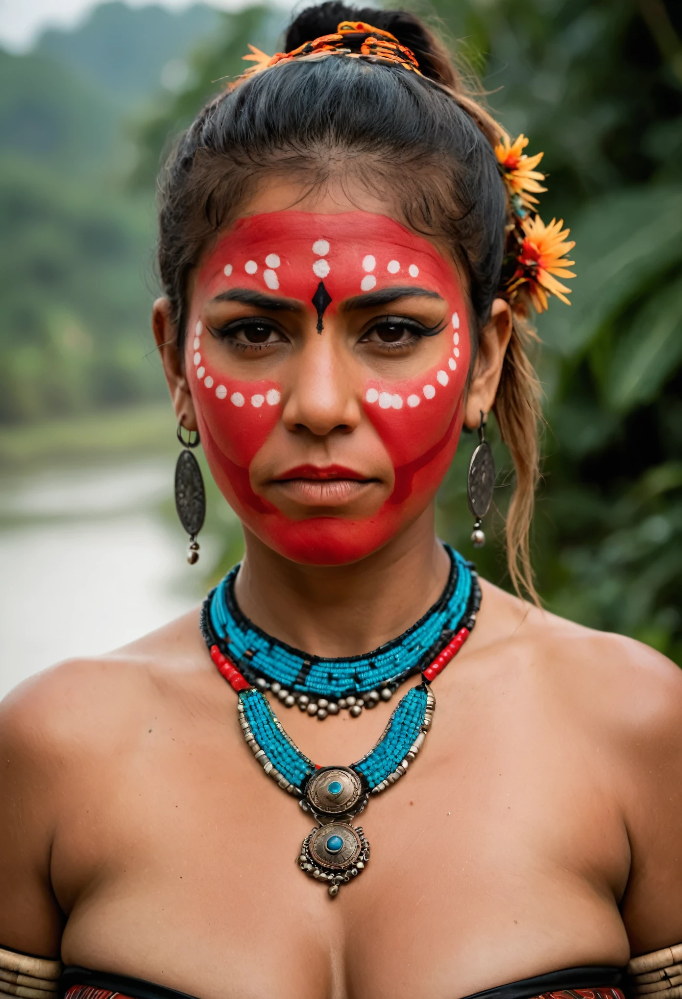 Portrait of a close-up face of a beautiful Native Amazonian Woman in pose, looks like Nayanthara, heavy figure,thick mature woman, 60 years old woman, thick fleshy figure, massive breast covered in strapless bra, heavy physique, curvy, with the Amazon River behind her, red face paint across her eyes, large trible bead necklace covering the chest, kind_smile, headdresses, trible skirt, tribal tattoos, zavy-cnmtc, looking at viewer, atmospheric haze, cinematic still, dynamic lighting, movie screencap, moody, film. Big gigantic breast, 