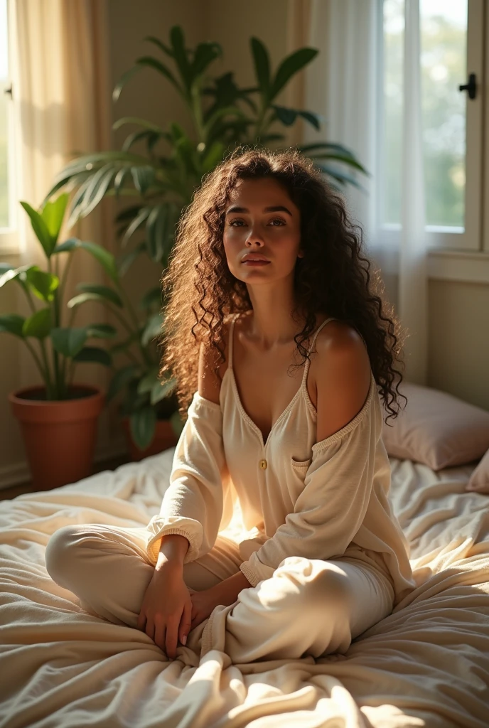 (photorealism:1.2), beautiful woman, sitting on bed, wearing loose off-shoulder top, pajama pants, long curly hair, indoors, soft lighting, plants in background, window with sunlight, cozy room, relaxed pose, realistic, intricate details, warm colors, by Greg Rutkowski, by Alphonse Mucha