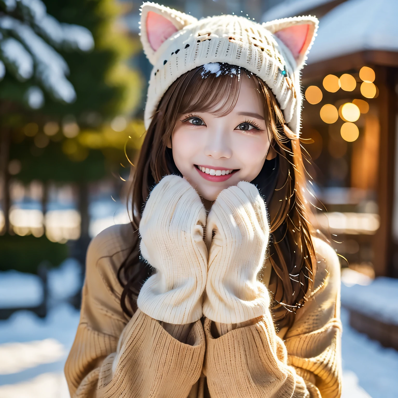 ((Highest quality)), ((masterpiece)), (detailed), ((Highest quality))、8k、High resolution、 Japanese、2、female、cute cat hat、smile、At the theme park、Warm outerwear、The season is winter.、Snow Scene、Mitten gloves、