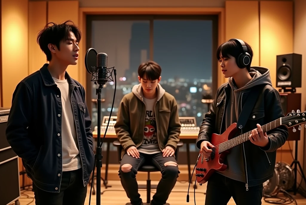 In a sleek, modern recording studio with high-end equipment, three handsome Korean male band members are collaborating on a new song. The first member, with tousled dark hair and wearing a trendy jacket over a graphic tee, stands confidently in front of a high-quality microphone, passionately singing with closed eyes, completely immersed in the lyrics. He wears large, over-ear headphones, and his posture reflects his deep connection to the music. The second member, seated at a state-of-the-art mixing console, has a focused expression as he carefully adjusts sound levels. He has a slightly wavy hairstyle, and his outfit is a mix of casual and stylish, with a hoodie and ripped jeans. The third member, sitting on a comfortable stool, is playing a sleek electric guitar. His short, sleek hair contrasts with his slightly edgy style, consisting of a leather jacket and dark jeans. His fingers move skillfully over the strings, adding depth to the track. The studio is bathed in warm, ambient lighting, with soft yellow and orange hues reflecting off the acoustic panels and creating a cozy yet professional atmosphere. Various instruments are scattered around the room, and a large window in the background reveals a view of the city skyline at night, adding to the creative and dynamic energy of the scene as the band works in harmony to perfect their sound.