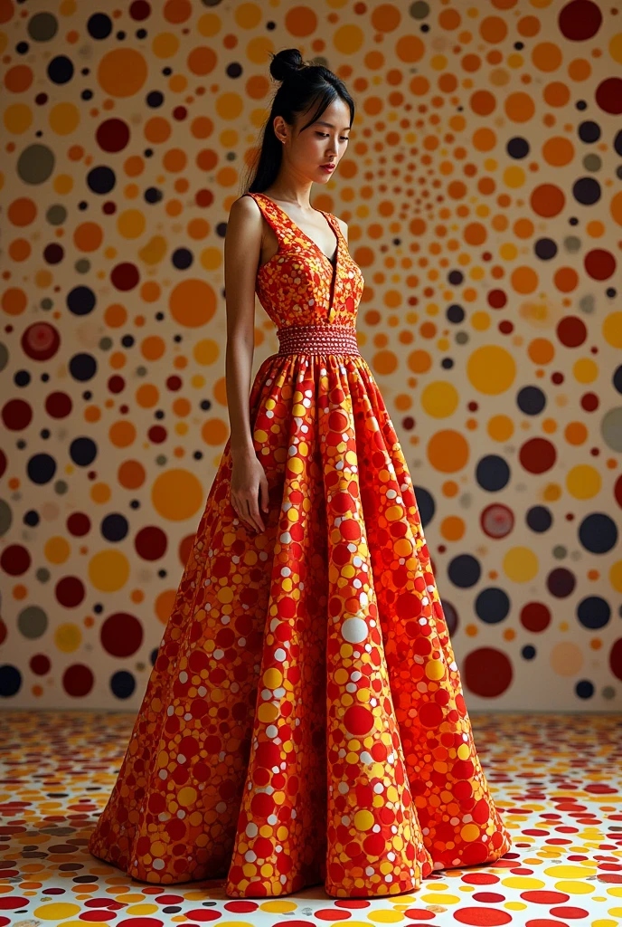 A traditional Khmer dress, such as a Sampot, reimagined with the distinctive style of Yayoi Kusama. The dress should maintain the elegant, draped silhouette and intricate weaving patterns typical of Khmer culture, but with Kusama’s signature bold polka dots in vibrant colors like red, yellow, and white. The background of the fabric might feature abstract, repetitive patterns reminiscent of Kusama’s work. The overall look should be a striking fusion of Cambodian heritage and contemporary art, where tradition meets avant-garde fashion