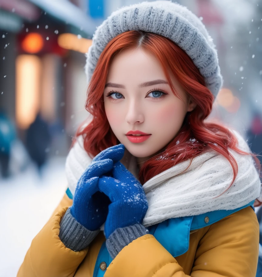  in the street, (photorealistic), beautiful light, best quality, realistic, full figure, Real picture, complicated details, depth of field, 1 girl, In the cold snowstorm, red hair, Wear winter clothes, glove, มีรายละเอียดhigh, perfect face, blue eyes, lips, wide hips, small waist, high, put on makeup, tactics, Fujifilm XT3, outdoor, Bright day, beautiful light, raw photos, 8k uh, Film texture, ((Bokeh)),