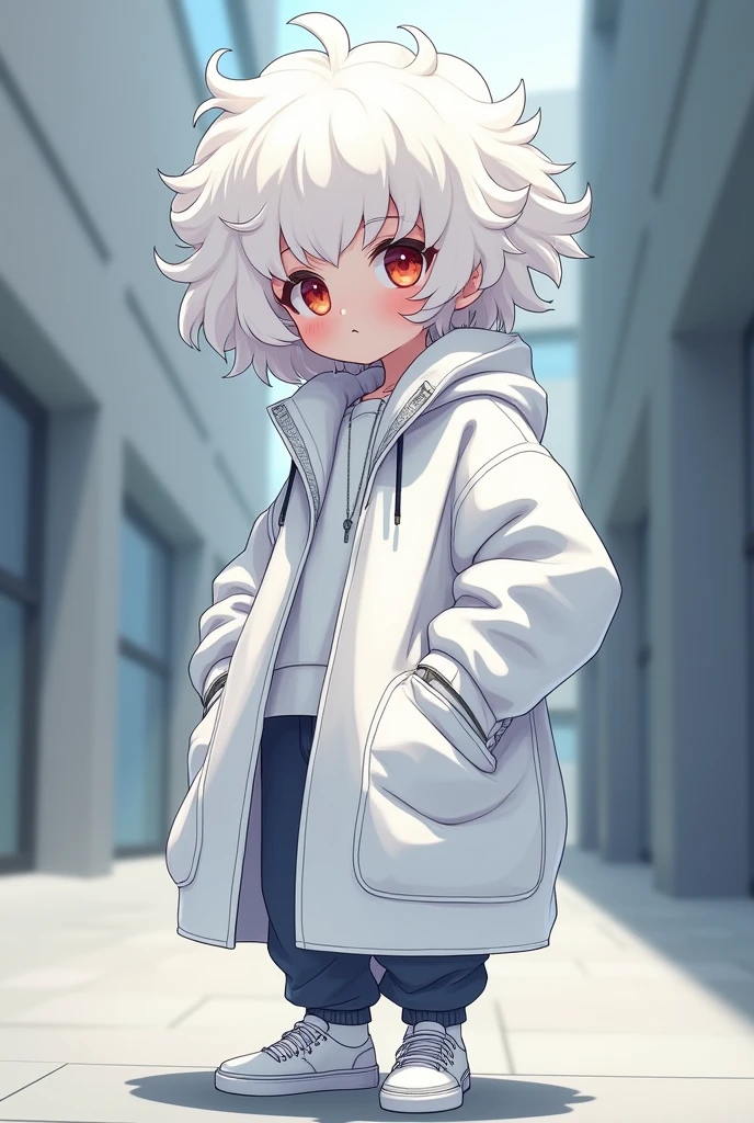 
Oversized white streetwear（Long Parka）And wearing white sneakers、White long curly hair、Highly detailed 3D chibi characters、Cool and relaxed atmosphere、Characters、Hands behind your back。The overall style is、Cute、Modern、and、Stylish