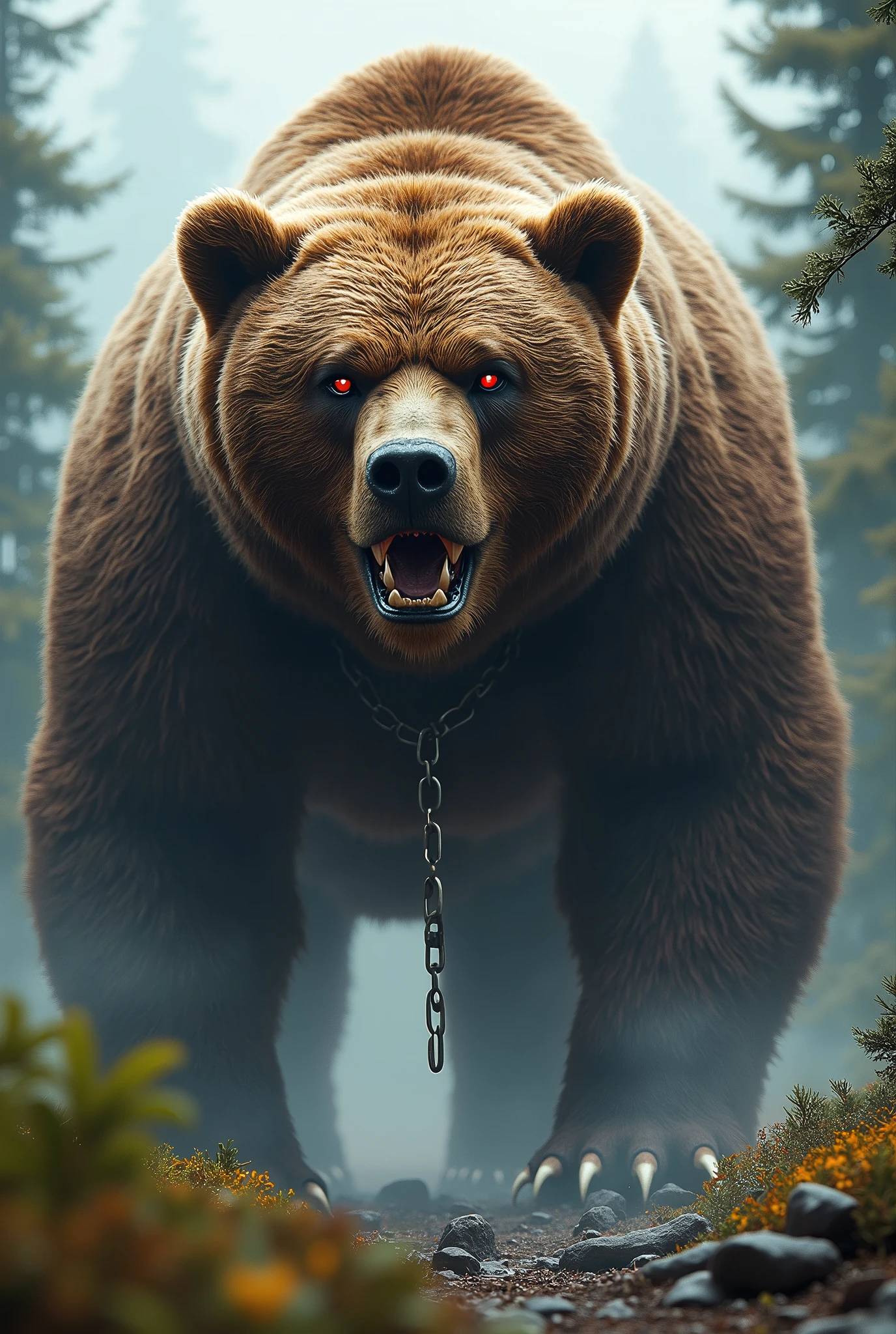 (Brown Bear ),Furry, Brown Fur, Powerful, Majestic, Imposing, Wild, Massive, Strong Jaws, Thick Mane, Solitary, Forest Dweller, Omnivorous, Claws, Shaggy, Dense Underbrush, Natural Habitat, Protector, Intimidating, Megafauna, Gigantic, Colossal, Forest Guardian, highres,ultra detailed,best quality,masterpiece, steel collar around neck with a broken chain dangling from it, it stomps on all fours over a miniature forest, red eyes, steam pours from its body, its scary