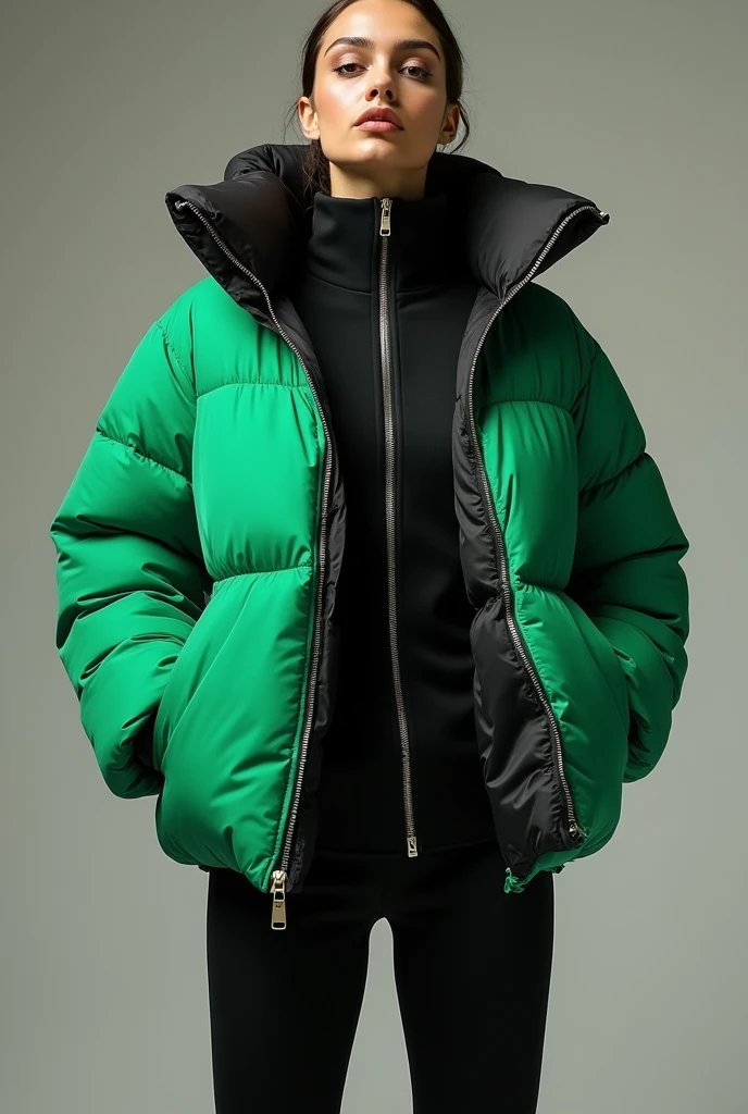 woman ,2 jackets,1 jacket black- white jacket zipper closed,2 jacket green down puffer jacket zipper open