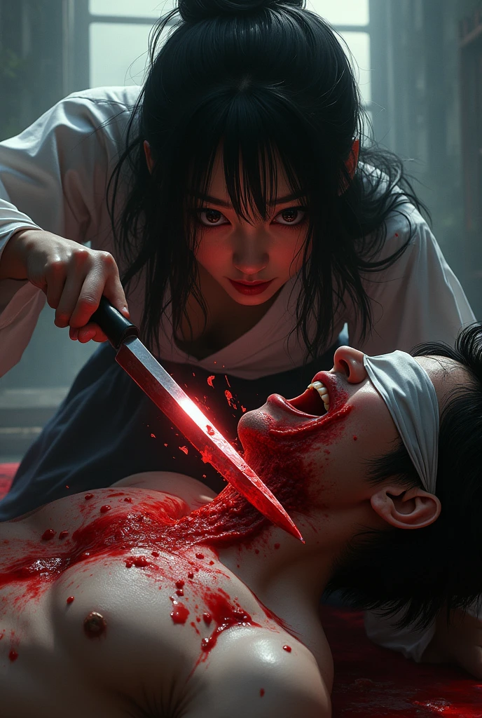 Japanese A beautiful Woman knife, cut throat A man neck bloody splash, blindfold, full body, wide o pen throat