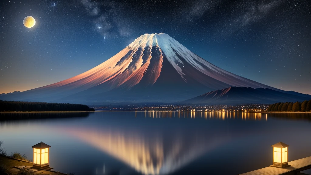 A very starry night. A huge moon floating over Mount Fuji. A tranquil lake reflecting the night.. Realistic Scene, detailed, Photorealism, 8k