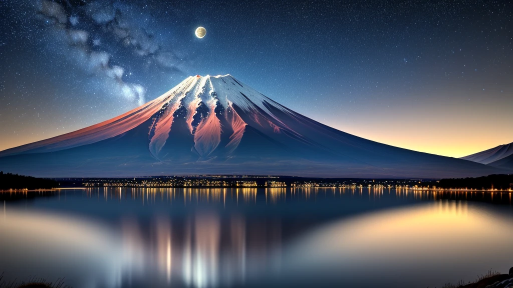 A very starry night. A huge moon floating over Mount Fuji. A tranquil lake reflecting the night.. Realistic Scene, detailed, Photorealism, 8k