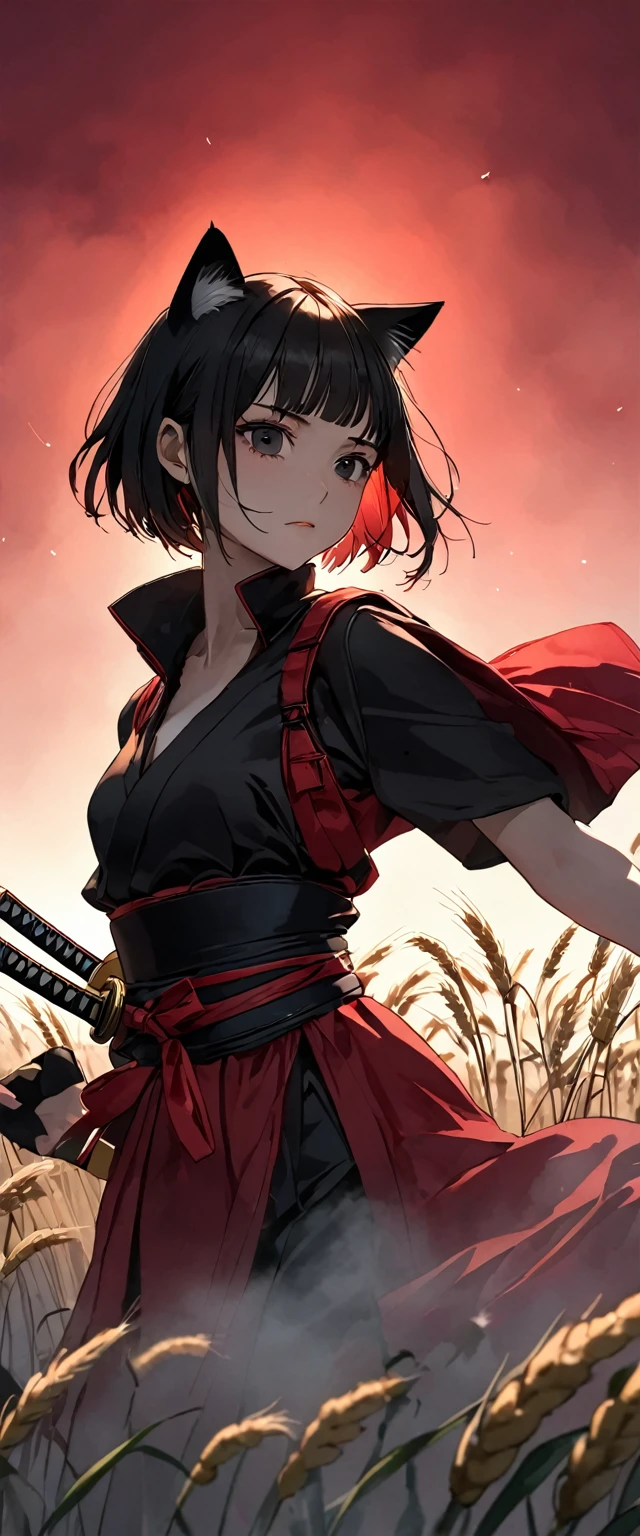 A woman is wearing a samurai outfit of shiny scarlet silk。Crouching on a lantern。Messy red short hair。forehead。Cat ear。 White Wheat Field。A world of thick fog,。Bust Shot。Dark Eyes。clothes are blowing in the wind。Serious expression。Katana on the back。Stylish pose。Many small lanterns are floating。alone。Neo Tokyo。Japan。Red Sky。Chiaroscuro,