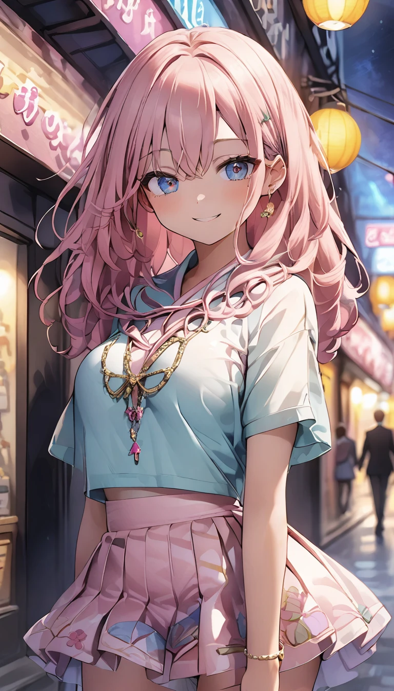 nightの女、attractive、Hostess、Slender Body、slim、Very delicate and beautiful、Glitter decoration、Frilly clothes、Short skirt、Floral、Very delicate、Princess, Beautiful Eyes、A light smile、Pink Hair、Japanese women、bustling street、neon、night