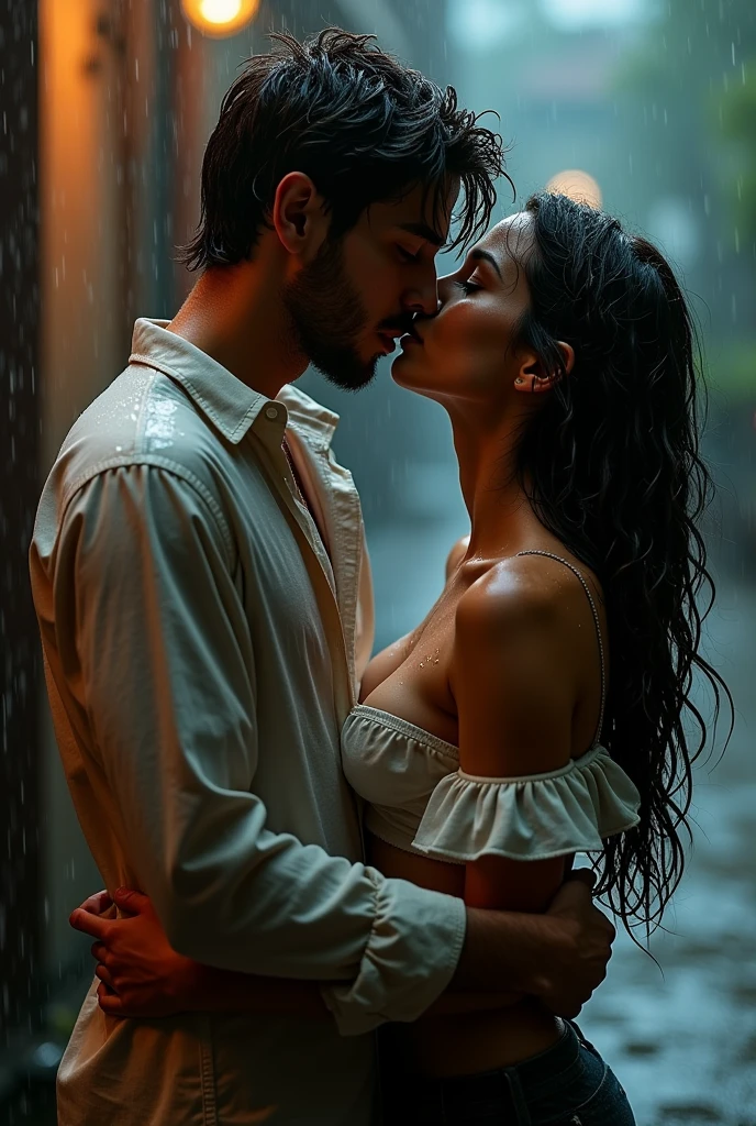 Create a high quality realistic image, girl wears a wide-necked shirt, stretches her neck and kisses a man, both are wet from the rain, kisses a man, the image let the audience see girl's neck