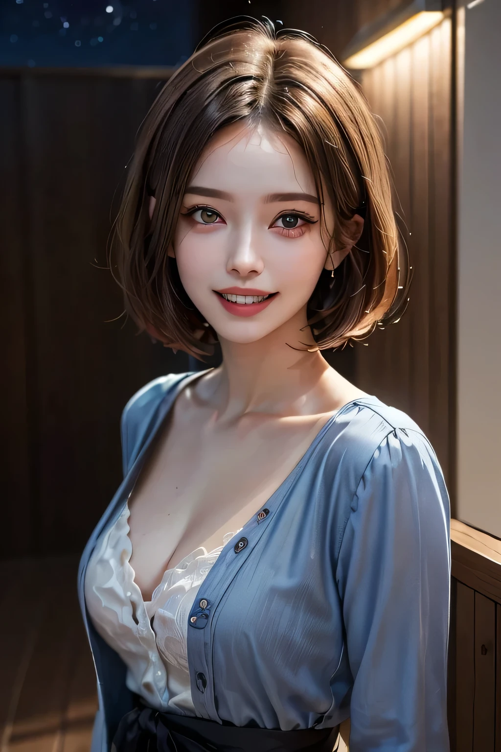 (highest quality, 8k, 32K, masterpiece), (Realistic), (Realistic:1.2), (High resolution), (night:1.7), Japan, cyber punk, 街の景Farbe, In front of the window,Wooden floor, Blue jacket, Grey Shirt, clavicle, jewelry, gem, Brunette Bob, 1 female, 4, (Grin), Beautiful body, beautifulNose, beautifulcharacter design, Perfect Eyes, perfectface, Expressive eyes, View your audience, Center the image, (Cowboy Shot), Official Art, Very detailed CG Unity 8k wallpaper, Perfect lighting,Farbeful, bright_front_face_Lighting,Glowing Skin, (masterpiece:1.0),(Highest_quality:1.0), 超High resolution,4K,Very detailed, photograph, 8k, High resolution, High resolution, absurdes:1.2, Kodak Port 400, Film Grain, Blurred Background, bokeh:1.2, Lens flare, (Vibrant_Farbe:1.2) (beautiful,chest), (beautiful_face:1.5),(narrow_Waist)