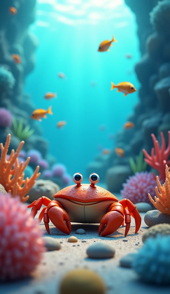 Normal crab which is inside the sea. Fishes are also swimming in the sea. And there are also stones and sea plants in the sea.image in 3d animation 