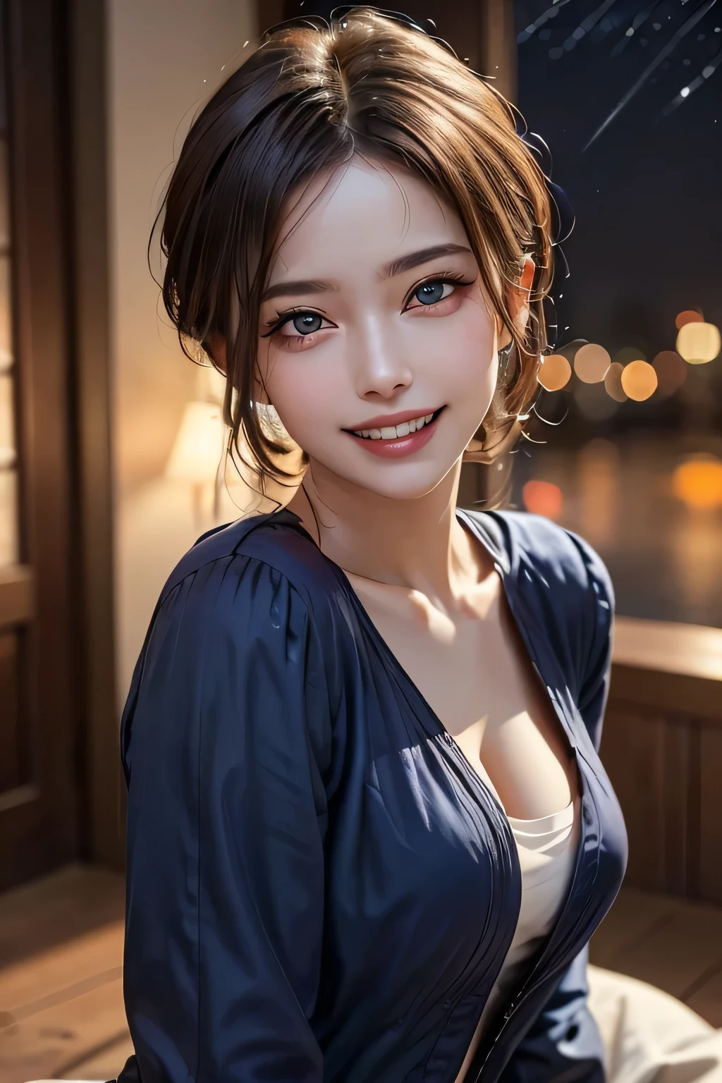 (highest quality, 8k, 32K, masterpiece), (Realistic), (Realistic:1.2), (High resolution), (night:1.7), Japan, cyber punk, 街の景Farbe, In front of the window,Wooden floor, Blue jacket, Grey Shirt, clavicle, jewelry, gem, Brunette Bob, 1 female, 4, (Grin), Beautiful body, beautifulNose, beautifulcharacter design, Perfect Eyes, perfectface, Expressive eyes, View your audience, Center the image, (Cowboy Shot), Official Art, Very detailed CG Unity 8k wallpaper, Perfect lighting,Farbeful, bright_front_face_Lighting,Glowing Skin, (masterpiece:1.0),(Highest_quality:1.0), 超High resolution,4K,Very detailed, photograph, 8k, High resolution, High resolution, absurdes:1.2, Kodak Port 400, Film Grain, Blurred Background, bokeh:1.2, Lens flare, (Vibrant_Farbe:1.2) (beautiful,chest), (beautiful_face:1.5),(narrow_Waist)