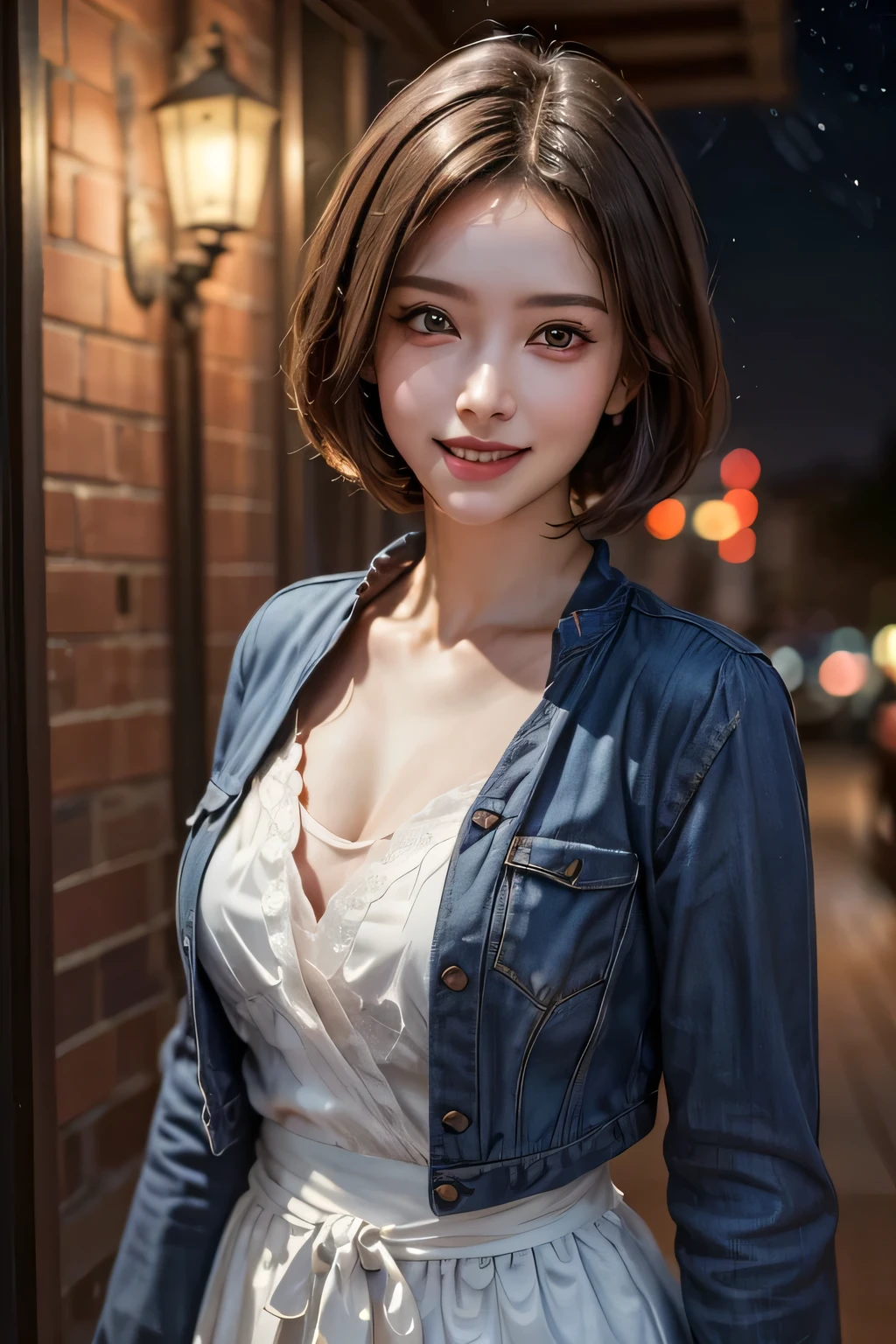 (highest quality, 8k, 32K, masterpiece), (Realistic), (Realistic:1.2), (High resolution), (night:1.7), Japan, cyber punk, 街の景Farbe, In front of the window,Wooden floor, Blue jacket, Grey Shirt, clavicle, jewelry, gem, Brunette Bob, 1 female, 4, (Grin), Beautiful body, beautifulNose, beautifulcharacter design, Perfect Eyes, perfectface, Expressive eyes, View your audience, Center the image, (Cowboy Shot), Official Art, Very detailed CG Unity 8k wallpaper, Perfect lighting,Farbeful, bright_front_face_Lighting,Glowing Skin, (masterpiece:1.0),(Highest_quality:1.0), 超High resolution,4K,Very detailed, photograph, 8k, High resolution, High resolution, absurdes:1.2, Kodak Port 400, Film Grain, Blurred Background, bokeh:1.2, Lens flare, (Vibrant_Farbe:1.2) (beautiful,chest), (beautiful_face:1.5),(narrow_Waist)