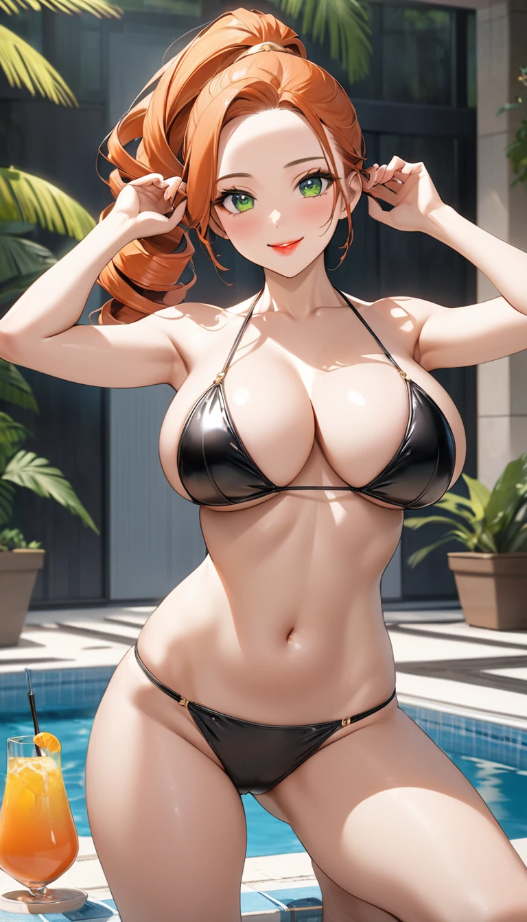 Highest quality、Best image quality、masterpiece、独奏, a girl、One woman, (((3 mature woman))), Best Bust、Large Breasts, Cleavage、Beautiful Eyes、Orange Hair、green eyes、Red lips, ((ponytail)), Drill Hair, ((forehead)), (sideburns), Very cute face, Glossy Lips, Double eyelids on both eyes, Tight waist、Beautiful Face、Natural smile、red cheek、(slingshot bikini), At a tropical pool、sexy pose, bewitching pose, Model Pose, whole body