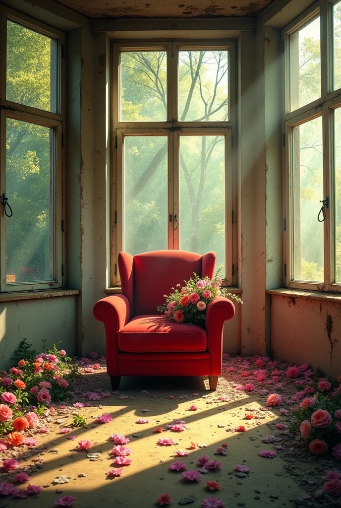 Inside the abandoned room、An unbroken red plush chair in the middle of the room、Bouquet on a chair、windowが多い、wallが壊れている、(window、wall、door、The floor is collapsing:2.0)、White Room、peace、The morning sun is shining and it's bright、(床やwallに満開の色とりどりで鮮やかな美しい花々is blooming:1.8)、There is no one、front、Highest quality、8k、high resolution、9:16