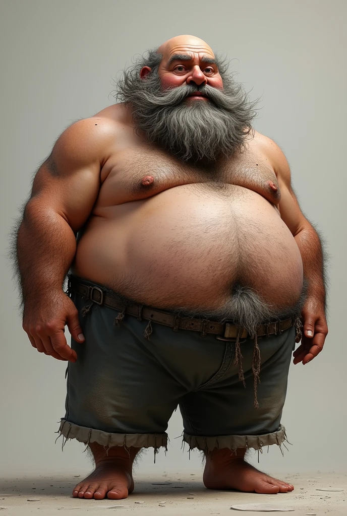 Fat hairy bolding man with big nose, short beard and mustache