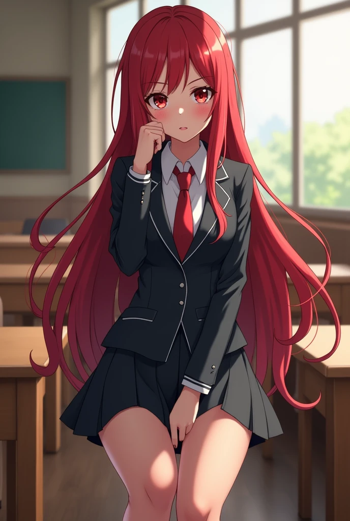 Beautiful woman、Perfect body、Model-like body、Long beautiful red hair、Anime Style、Fine colors、8K image quality、Wearing a high school uniform、In the classroom、Mean face、Photograph the whole body、Looking up