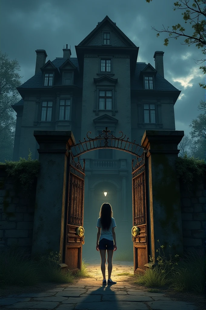 A dark, eerie evening scene in front of an old, abandoned mansion. The mansion has decaying walls with moss and ivy creeping up, and large, rusty gates partly open. In front of the gate, a young girl named Siya, dressed in a modern, casual outfit, stands hesitantly. The background shows a dark, cloudy sky with a hint of a fading sunset, casting long shadows around the mansion. There is a sense of foreboding in the air.