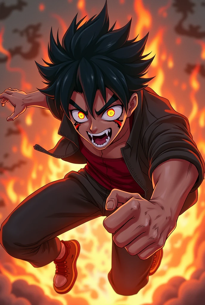 A anime boy with comeback attitude
With fire everything very very very angered shouting + vampire teeth and tattoo on face + fly in air in standing position