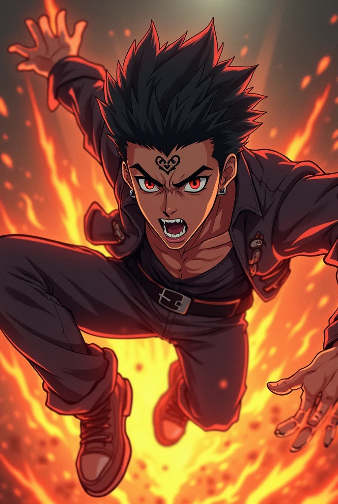 A anime boy with comeback attitude
With fire everything very very very angered shouting + vampire teeth and tattoo on face + fly in air in standing position