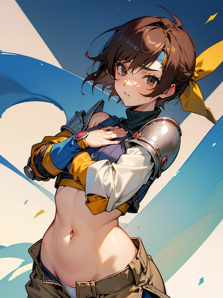 (Tabletop, 8k,Very detailed),One Girl, short hair, head band, belly button, No sleeve, turtleneck, Brown eyes, No sleeveturtleneck, chest, gloves, Crop top, Brown Hair , Shorts, abdomen, armor, sweater, Open Fly, Fingerless gloves, リブ編みsweater, medium chest, Hmm_Kisaragi_01 Girl,big,Soaking wet,Dynamic Angle