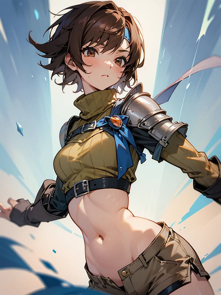 (Tabletop, 8k,Very detailed),One Girl, short hair, head band, belly button, No sleeve, turtleneck, Brown eyes, No sleeveturtleneck, chest, gloves, Crop top, Brown Hair , Shorts, abdomen, armor, sweater, Open Fly, Fingerless gloves, リブ編みsweater, medium chest, Hmm_Kisaragi_01 Girl,big,Soaking wet,Dynamic Angle