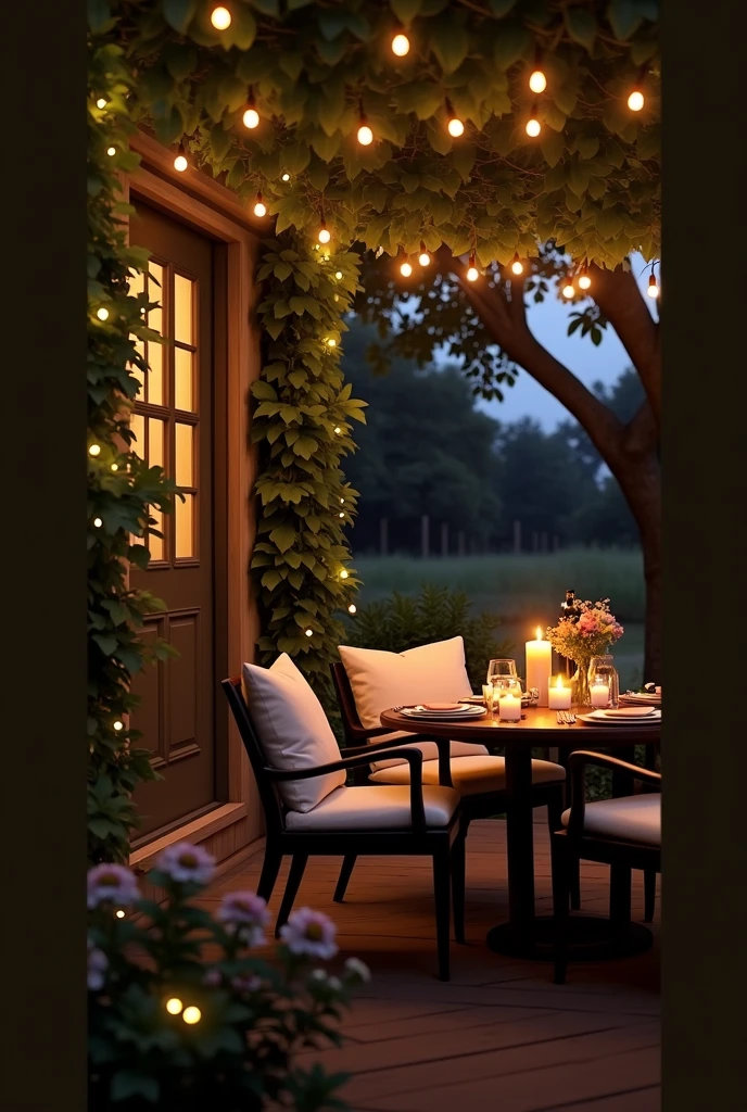 Table set for a romantic candlelit dinner on the porch of a house