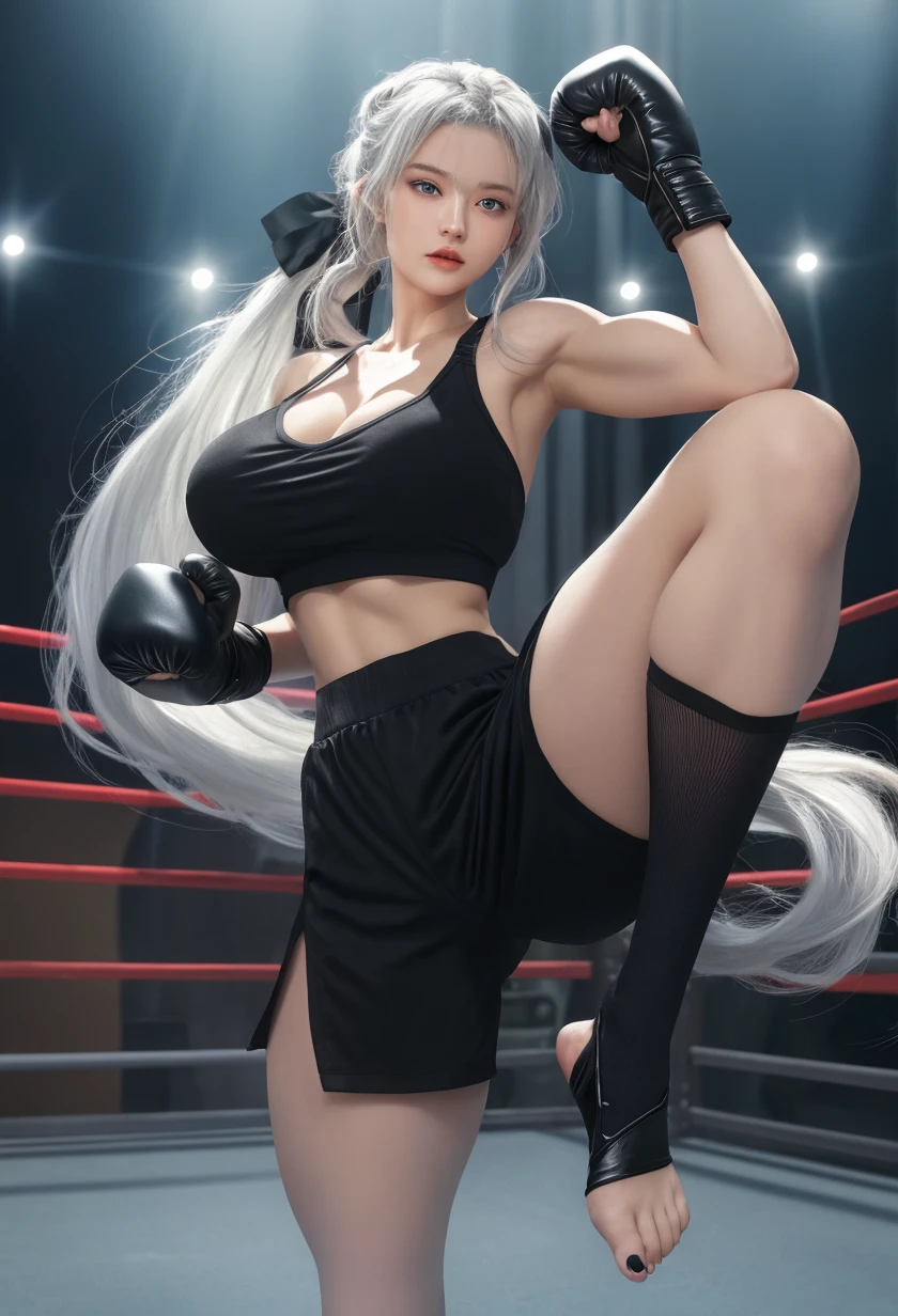 korean beautifull girl,18 years old,Pretty Face,Good shape,detailed picture, Seductive expression, blush,White long hair, Wear wrestling clothes,Wear black pantyhose,high-heel boots, Wearing black boxing gloves,Black sleeves on arms, Sitting in the boxing ring,Large Breasts,Cleavage,Long legs,Thin waist,nipple,Camel toe,M leg