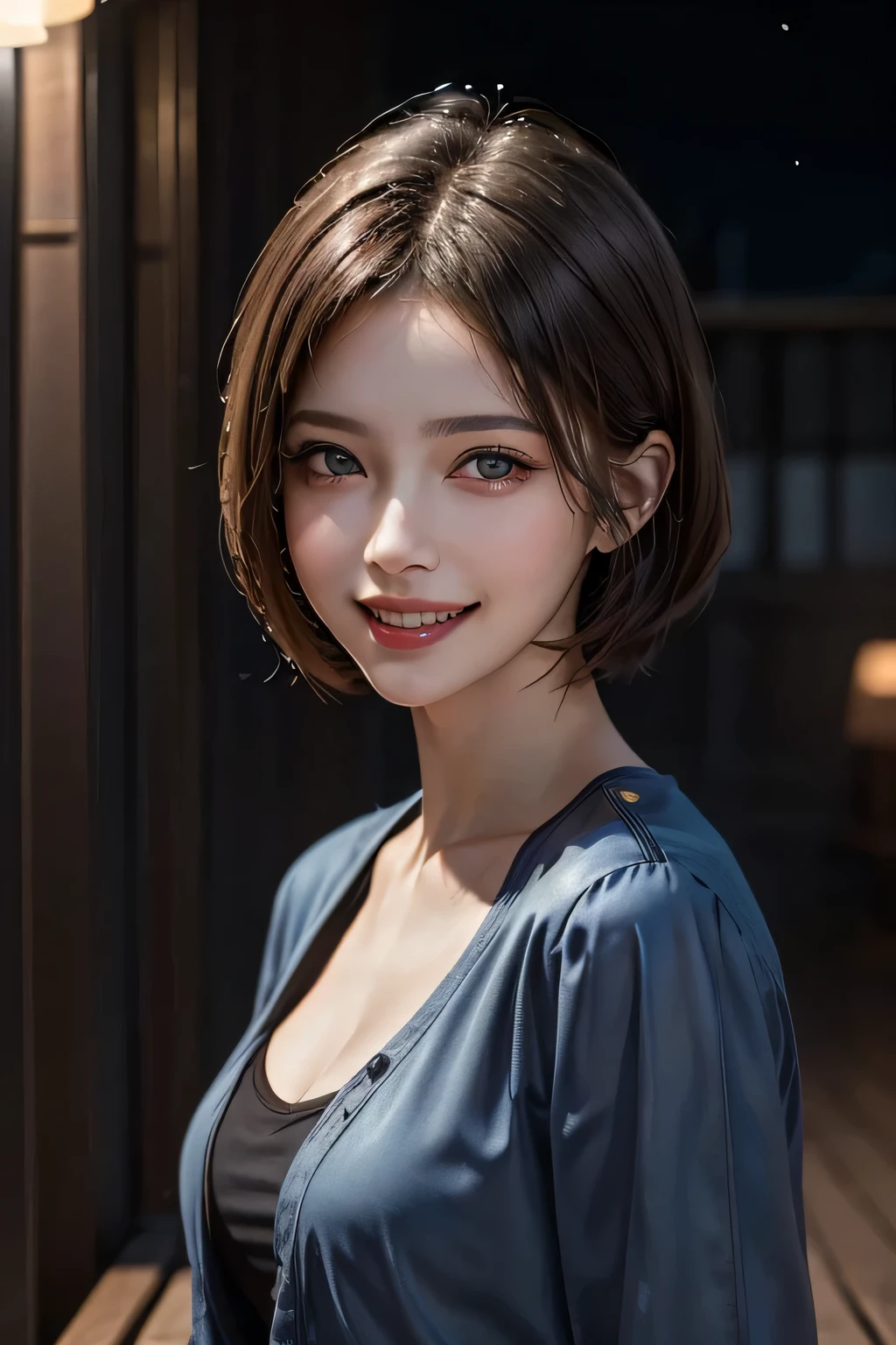 (highest quality, 8k, 32K, masterpiece), (Realistic), (Realistic:1.2), (High resolution), (night:1.7), Japan, cyber punk, 街の景Farbe, In front of the window,Wooden floor, Blue jacket, Grey Shirt, clavicle, jewelry, gem, Brunette Bob, 1 female, 4, (Grin), Beautiful body, beautifulNose, beautifulcharacter design, Perfect Eyes, perfectface, Expressive eyes, View your audience, Center the image, (Cowboy Shot), Official Art, Very detailed CG Unity 8k wallpaper, Perfect lighting,Farbeful, bright_front_face_Lighting,Glowing Skin, (masterpiece:1.0),(Highest_quality:1.0), 超High resolution,4K,Very detailed, photograph, 8k, High resolution, High resolution, absurdes:1.2, Kodak Port 400, Film Grain, Blurred Background, bokeh:1.2, Lens flare, (Vibrant_Farbe:1.2) (beautiful,chest), (beautiful_face:1.5),(narrow_Waist)