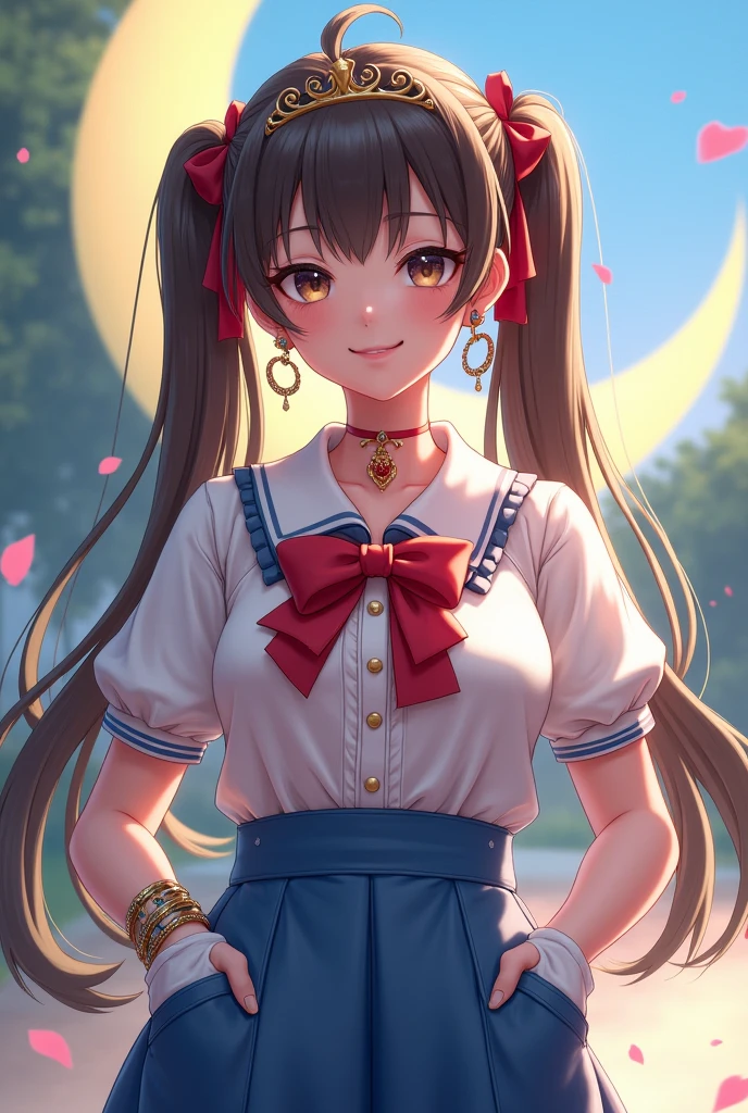 Honestly, Double Bang, Twin tails, Parted bangs, Circlet, jewelry, Earrings, choker, Red Bow, White gloves, Elbow hand pockets, Blue Skirt,  Are standing,  Outdoor,  Bright light on the face,
( Moon Background:1.1),Cowboy Shot,
Highest quality, Very detailed,photoRealistic, Realistic, masterpiece, Absurd, Detailed skin texture, (Detailed eyes, Deep Eyes,Hair Details:1.0),Incredibly fine pupils,
One girl,alone,(smile:1.2),(Happy:1.1), Tight waist,Large Breasts,