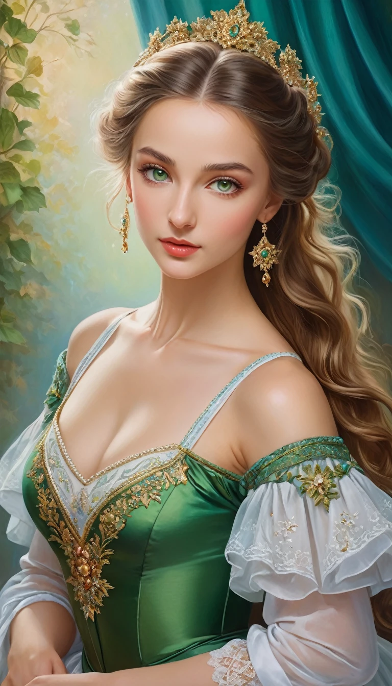 (High resolution,masterpiece:1.2),(Realistic:1.37)"(Highest quality, High resolution, Very detailed, Realistic),Portrait of a beautiful Ukrainian ballet dancer from the 19th century, (She is half French and half Ukrainian., She is a beautiful woman with deep green eyes and a high nose.:1.1), Exquisite ballet costumes, Detailed facial features, Long and graceful neck, Flowing locks of hair, Calm and elegant posture, Soft and delicate lighting, Classical Oil Painting Medium, Vibrant colors, Delicate background with star motif", Dreamy atmosphere, Surrealism,Mysterious Aura
