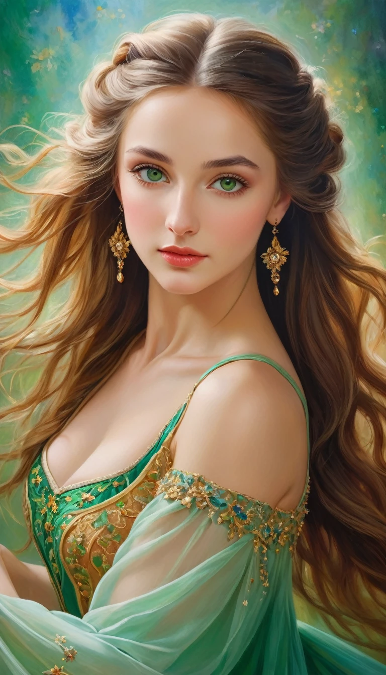 (High resolution,masterpiece:1.2),(Realistic:1.37)"(Highest quality, High resolution, Very detailed, Realistic),Portrait of a beautiful Ukrainian ballet dancer from the 19th century, (She is half French and half Ukrainian., She is a beautiful woman with deep green eyes and a high nose.:1.1), Exquisite ballet costumes, Detailed facial features, Long and graceful neck, Flowing locks of hair, Calm and elegant posture, Soft and delicate lighting, Classical Oil Painting Medium, Vibrant colors, Delicate background with star motif", Dreamy atmosphere, Surrealism,Mysterious Aura