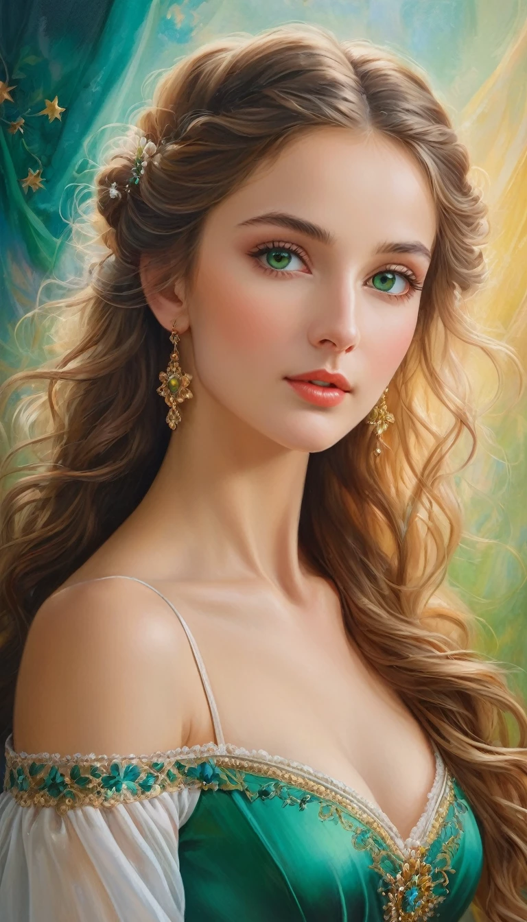 (High resolution,masterpiece:1.2),(Realistic:1.37)"(Highest quality, High resolution, Very detailed, Realistic),Portrait of a beautiful Ukrainian ballet dancer from the 19th century, (She is half French and half Ukrainian., She is a beautiful woman with deep green eyes and a high nose.:1.1), Exquisite ballet costumes, Detailed facial features, Long and graceful neck, Flowing locks of hair, Calm and elegant posture, Soft and delicate lighting, Classical Oil Painting Medium, Vibrant colors, Delicate background with star motif", Dreamy atmosphere, Surrealism,Mysterious Aura