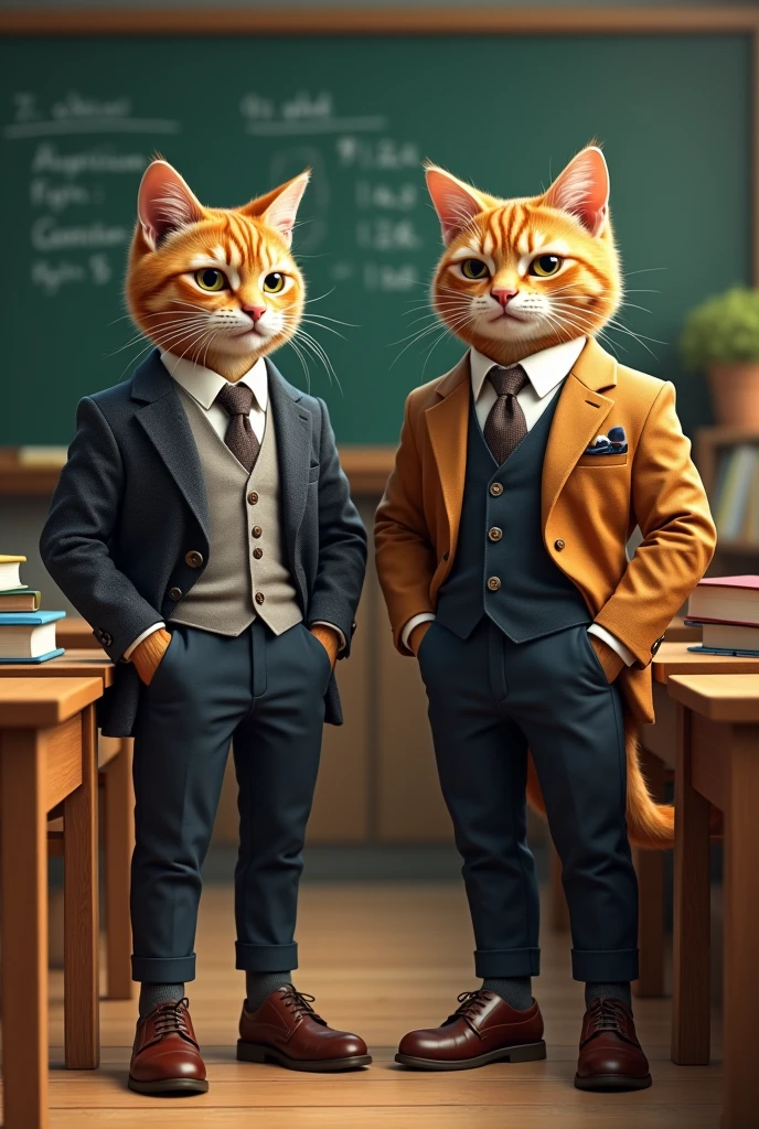 The same 2 cat, but now fit, with a neat appearance, and wearing well-fitting, handsome clothes in the school.