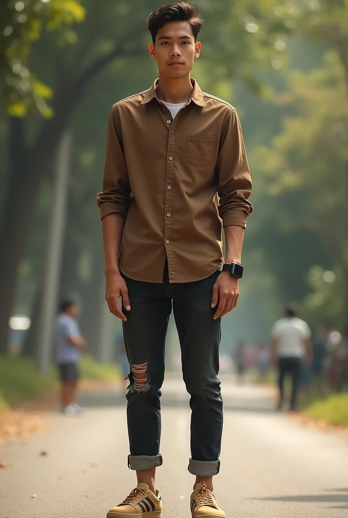 Please make me a realistic photo Indonesia man ((full skinny tall)) standing outside facing the viewer. This guy was wearing a brown long-sleeved shirt with buttons, dark torn jeans with rolled up ends, and light brown Adidas samba shoes. An iPhone smartwatch is seen on the person's left wrist.