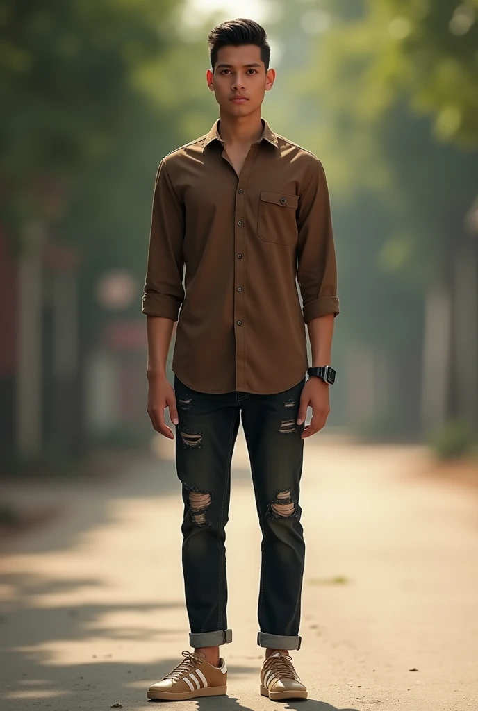 Please make me a realistic photo Indonesia man ((full skinny tall)) standing outside facing the viewer. This guy was wearing a brown long-sleeved shirt with buttons, dark torn jeans with rolled up ends, and light brown Adidas samba shoes. An iPhone smartwatch is seen on the person's left wrist.