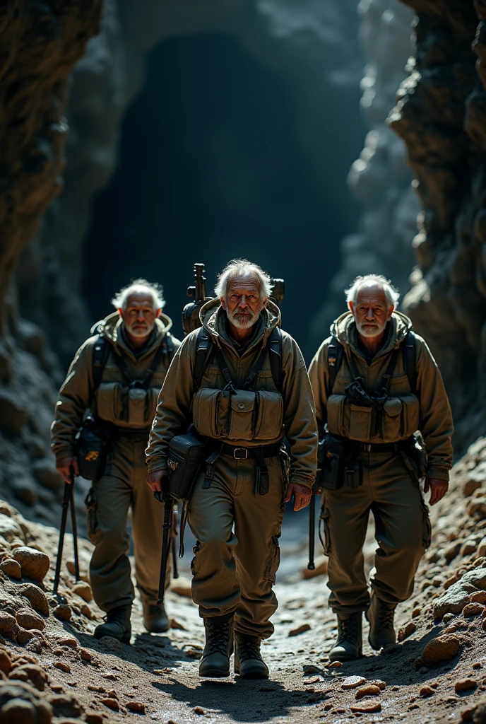 3 men who go and explore the cave ane they are 50 plus in age image size 16:9
