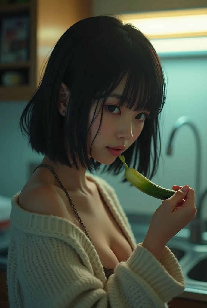 masterpiece、Highest quality、Ultra-realistic、Ultra-high resolution、8k、RAW Photos、Textured skin、One girl in Nogizaka、(、Medium Bob Hair、bangs、Black Hair、Floating Hair、slim、Delicate body、skinny、A sloppy smile、Embarrassing、blush:1.2)、(White embroidered underwear top and bottom、String Bikini:1.5)、Her white woolen cardigan is exposed.、Standing in the kitchen、Eating cucumbers、(Fluorescent lamp、dim、Backlight、Flare、Film Grain、Cowboy Shot、profile、that'blurred、Super Long Shot、Ultra Wide Angle、Sigma 85mm F/1.4)、Find