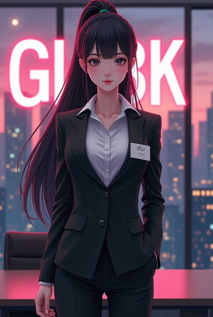 Create anime character;
{background: capital HD text: “GLBK” in center-top, sea}, white skin,
realistic, HDR, beautiful, donghua style, full body, age 20, office clothes, name card: “CICI”, female, black hair, long hair, pony hair, like mafia