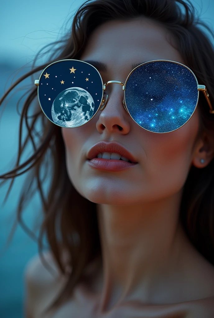 The model is wearing glass sunglasses with stars and the moon on the glass
