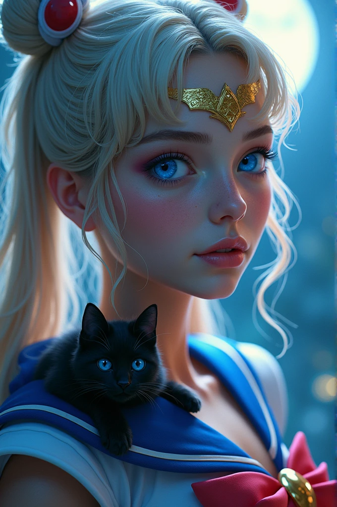 Jhaute résolution, chef-d'œuvre : 1,2), (réaliste : 1,37), (meilleure qualité, haute résolution, ultra-détaillée, réaliste), fantaisie sailor Moon humaine, sous la lune bleue , avec son chat noir Luna et son croissant de lune sur le front . (Ses yeux radieux : 1,6) bleus. Les détails de son visage, méticuleusement travaillés, L'atmosphère qui l'entoure est remplie d'une aura d'un autre monde, baignée de lumière. Le décor ressemble à une scène de film, avec des allusions à un monde divin. Cette création se présente en portrait corps entier avec le chat, se concentrant sur sailor Moon et son chat noir aux yeux bleus captivant de la déesse, la représentant comme une présence captivante et redoutable dans les royaumes de la lumière, le plus beau visage de l'univers, visage érotique, visage sensuel, (NSFW : 1,3)