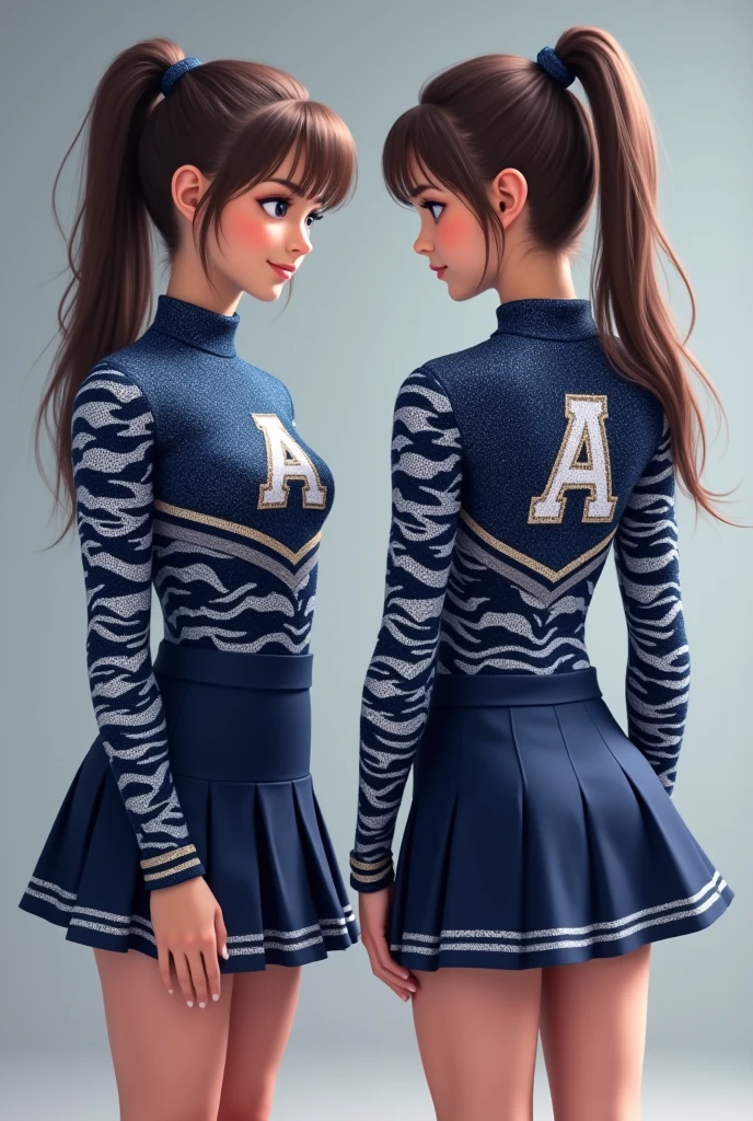 A stylish yet modest cheerleading outfit that represents a white tiger with the colors dark blue and glittery silver with the two models one facing the front and one facing the back showing it make the sleeves the tiger’s pattern but instead make it dark blue with rhinestone and a cute mini skirt for the bottom make sure it’s school appropriate and the chest part should have the letter A embodied on it