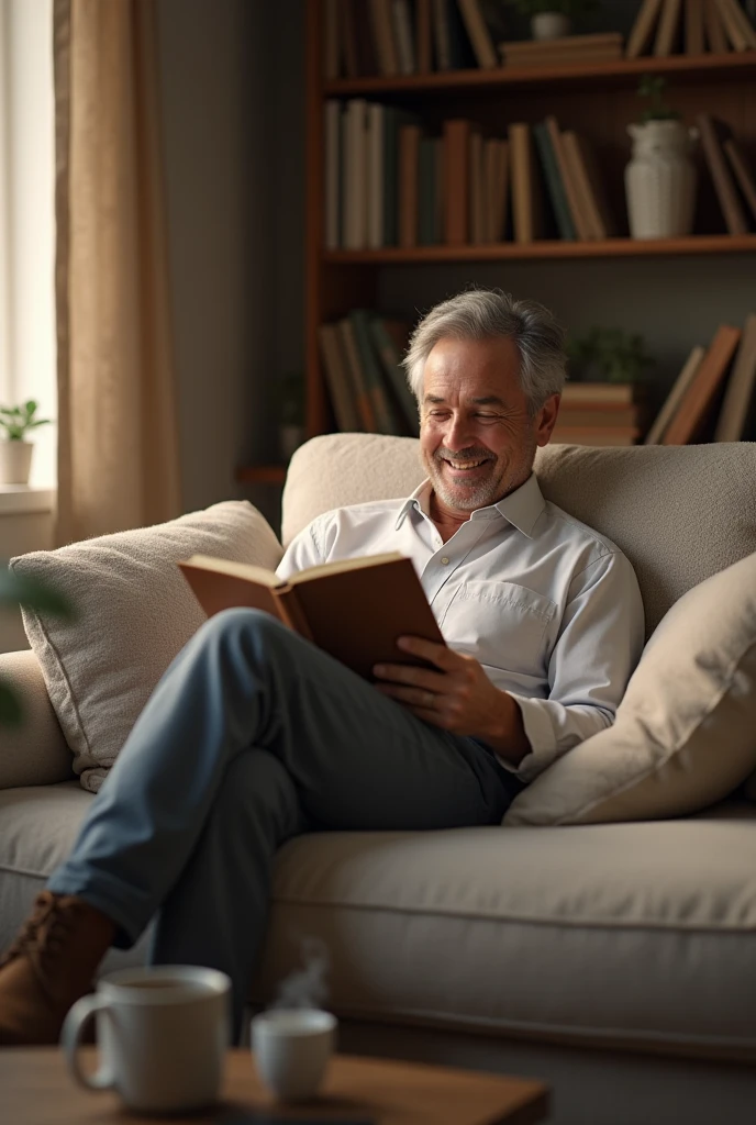 Happy man reading a book sitting on his couch 