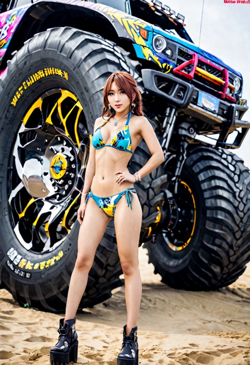 Waifu yuna (tiny bikini, color matches vehicle), she is posing sexy beside a monster truck (enormous wheels, crazy decals)